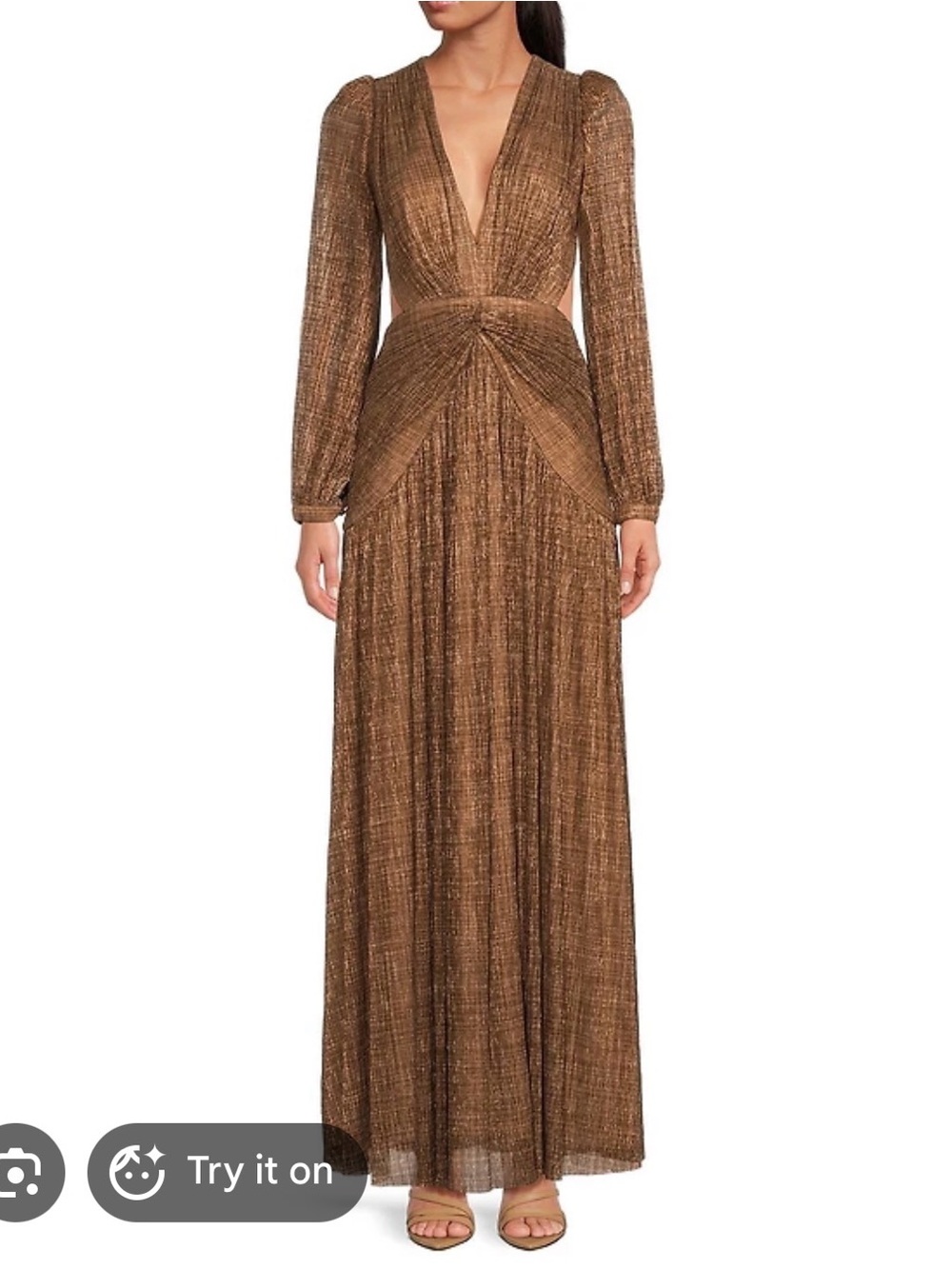 Bronze Metallic Long-Sleeve V-Neck Evening Gown